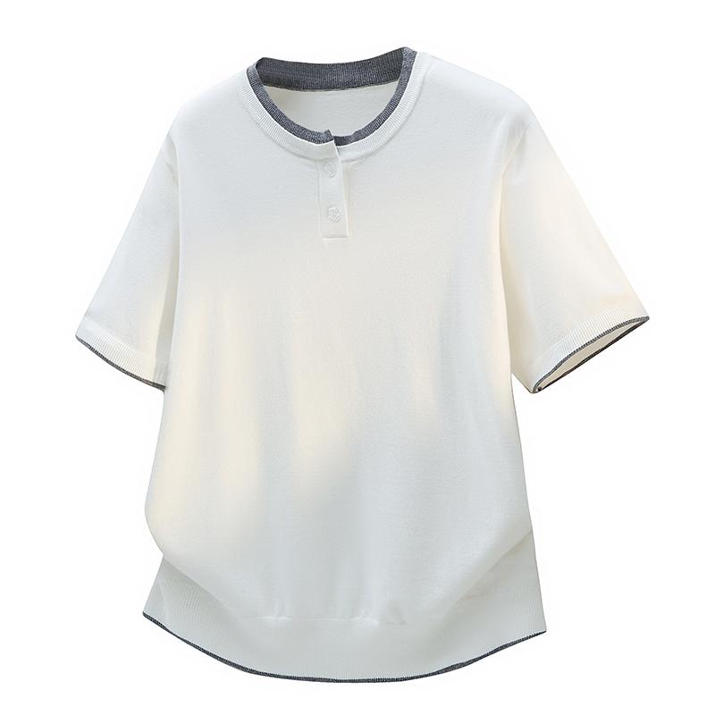 Men s loose short-sleeved T-shirt knitted ice silk sweater contrasting color short-sleeved T-shirt 3XL белый