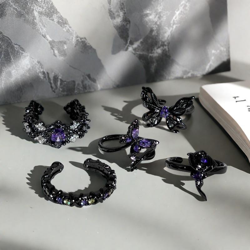 Punk Dark Style Personality Purple Diamond Inlaid Zircon Butterfly Open Ring Stacked With Niche Design High-End Ring Woman
