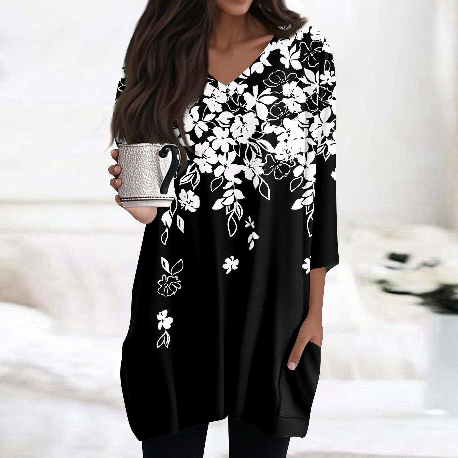 

Женские топы с V-образным вырезом и рукавом 3/4 Блузки Повседневные рубашки средней длины Модные принты Туники Топы с карманами XL белый