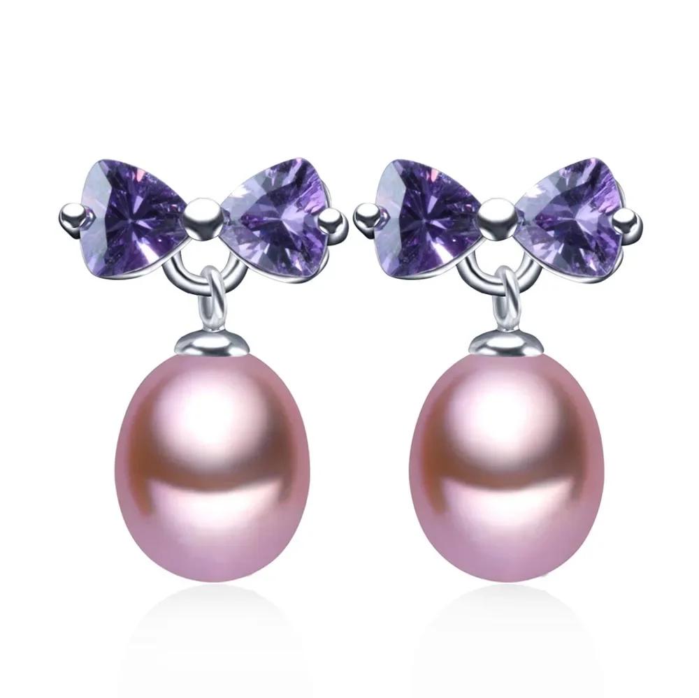 2025 New Bow Tie Crystal 925 Sterling Silver Earrings for Women 8-9mm Rice Shape Real Natural Freshwater Pearl Dangle Earrings 8-9mm фиолетовый