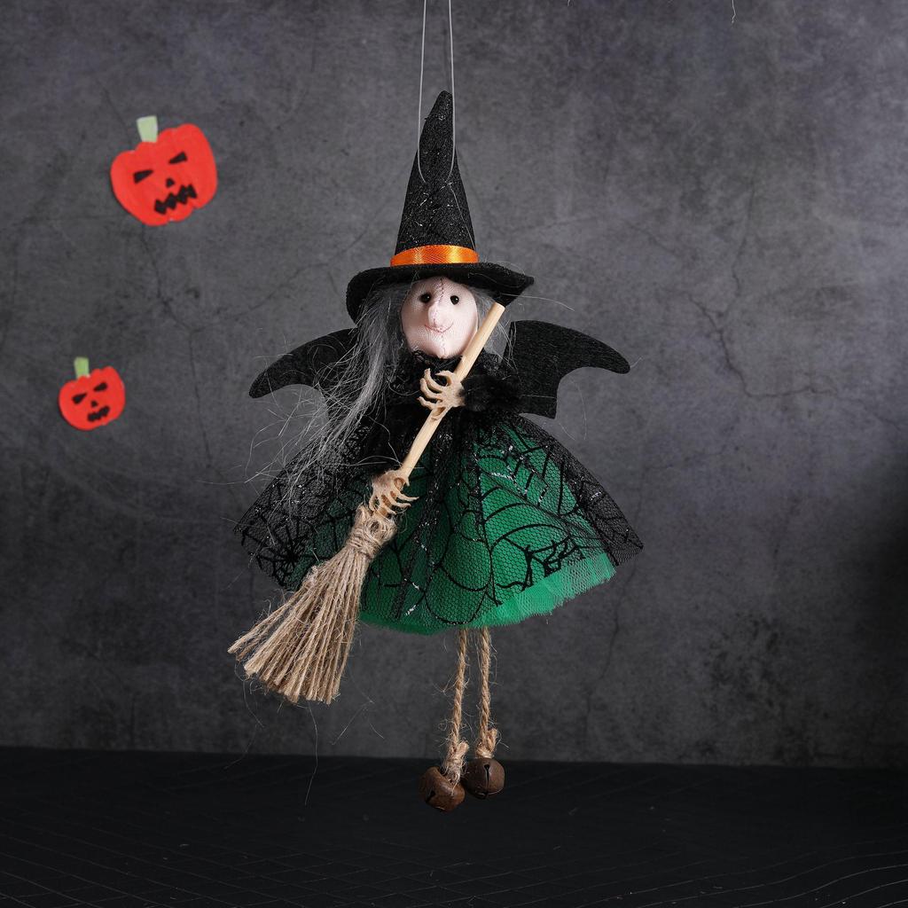 Halloween Ghost Witch Pendant with Broom and Gauze Skirt - Hanging Decoration Toy
