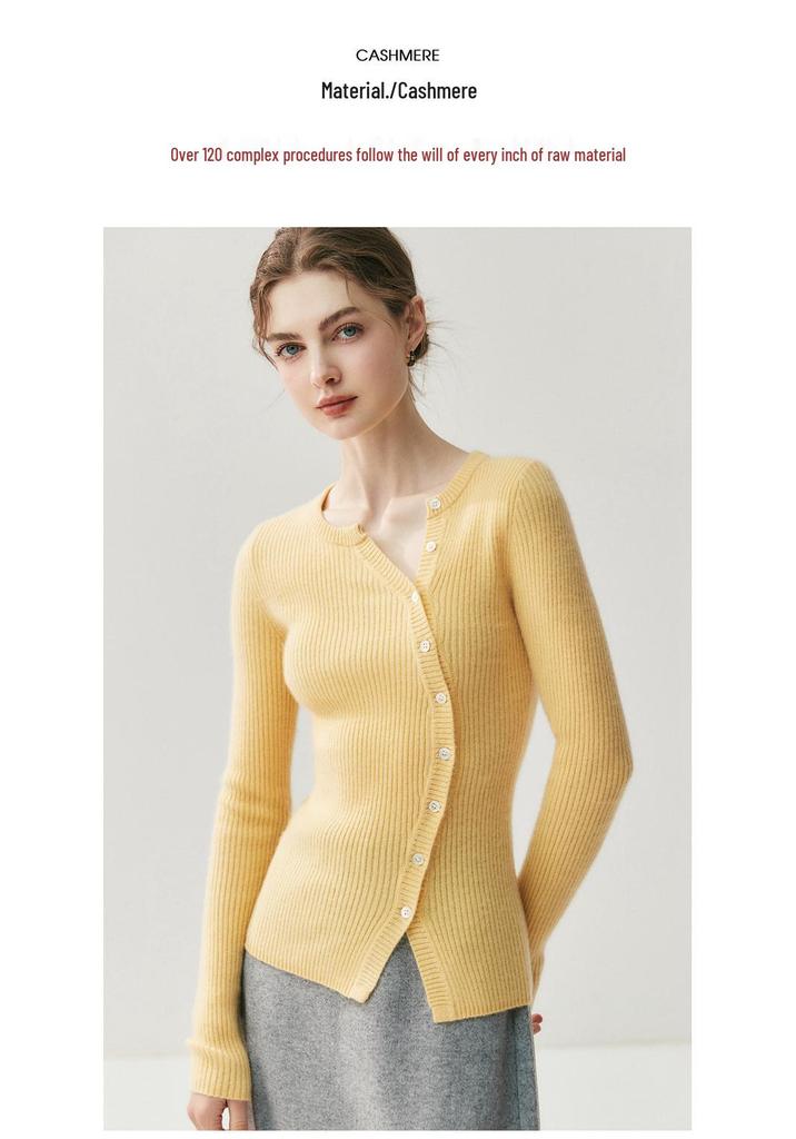 Women's Autumn Cashmere Cardigan: Slim Fit, Round Neck, Ribbed Buttons, Versatile Knit Base Layer Sweater.