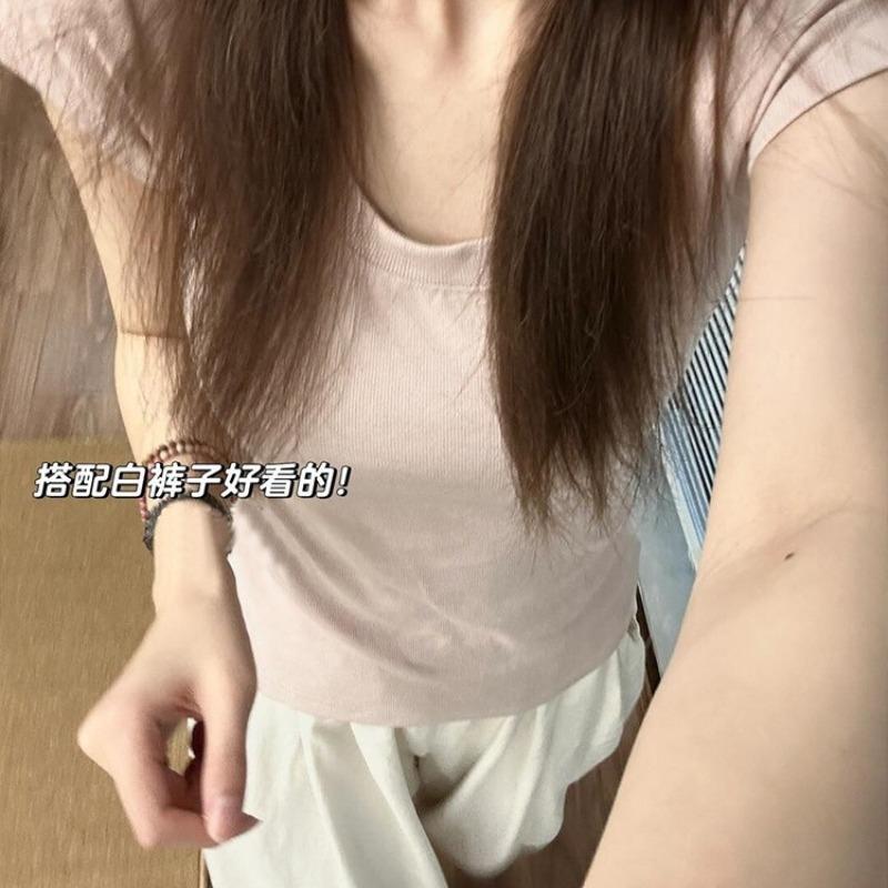 Gray pink shoulder u-neck short-sleeved T-shirt women's summer basic versatile casual sweet and spicy waist slim short top