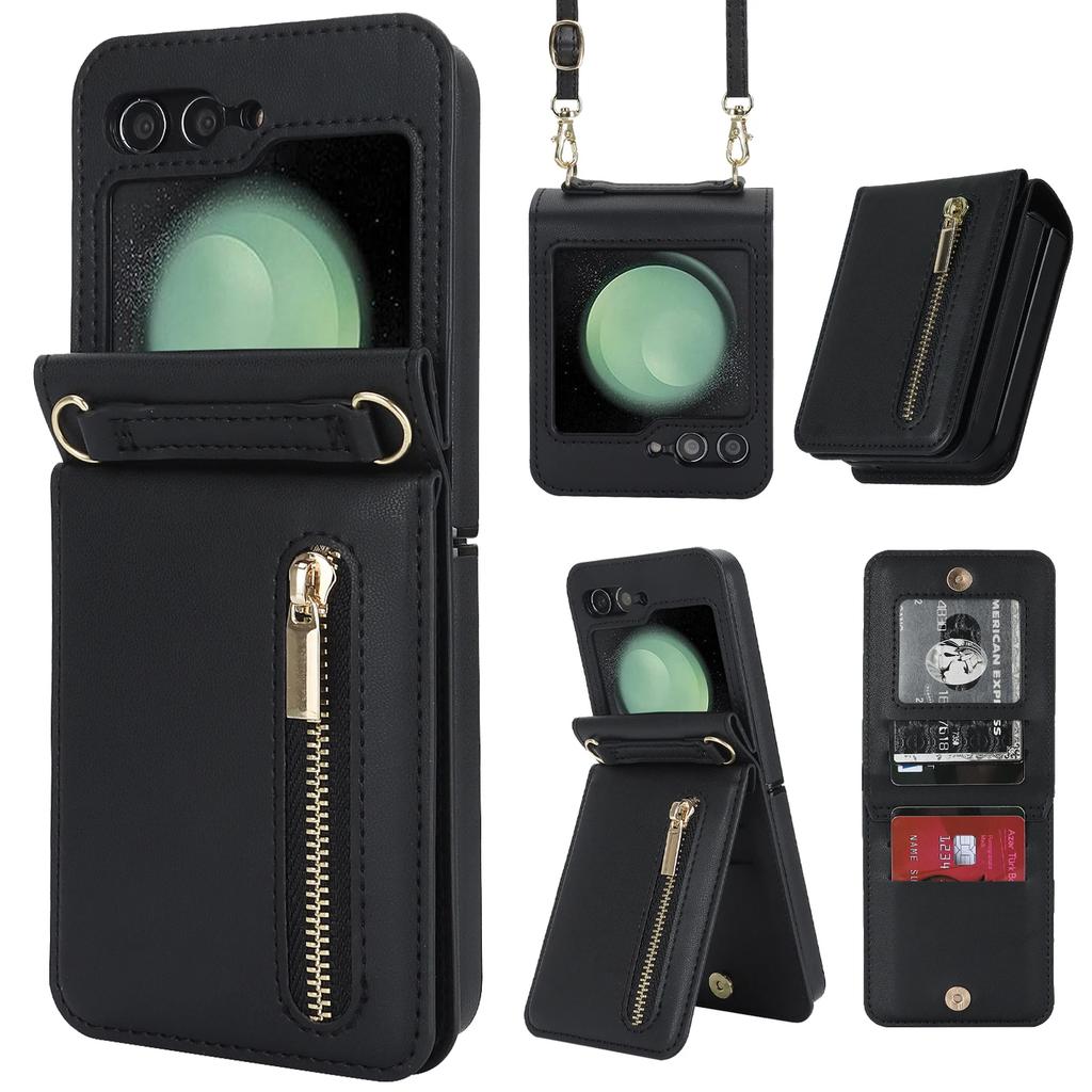 Zipper Wallet Vertical Cards Solt Crossbody Case for Samsung Galaxy Z Flip 7 SE 6 5 4 Shoulder Strap Lanyard Holder Purse Cover
