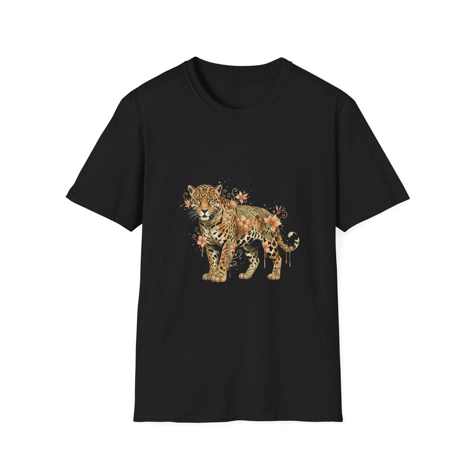 Jaguar Floral Watercolor Nature Black Tee Aesthetic Graphic T-Shirt S