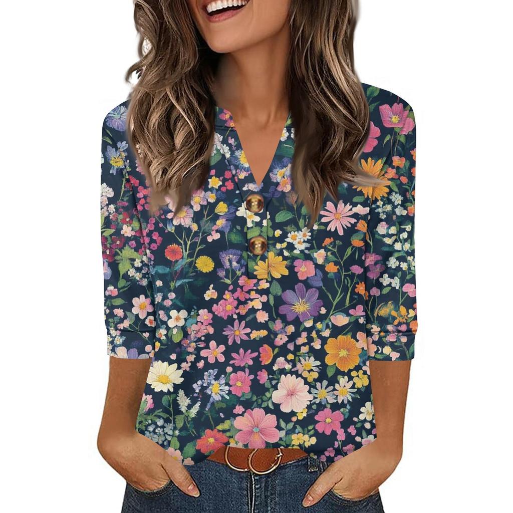 Ladies' Fashionable And Casual Floral Printed Three-quarter Sleeve Loose V-neck Button Shirt