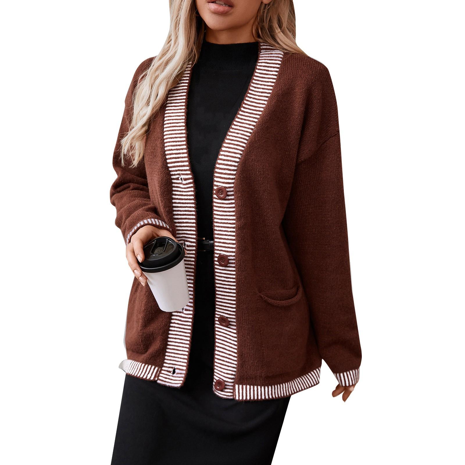 

Женский кардиган свободного кроя с цветными блоками и V-образным вырезом, с длинными рукавами и пуговицами XL кофейный