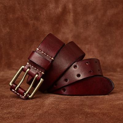 Wide Vintage Men's Belt Cowhide Genuine Leather Belt Copper Double Needle Buckle Handmade Jeans Belt Fashion Male Strap