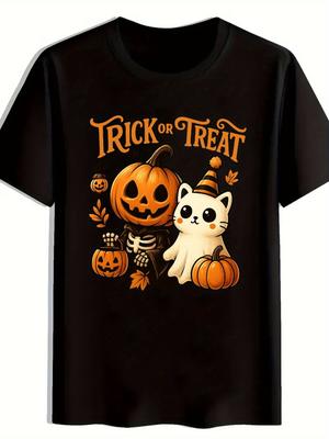 MenS Halloween Trick or Treat Graphic TShirt  Black Casual Short Sleeve Tee with JackOLantern  Cat Design