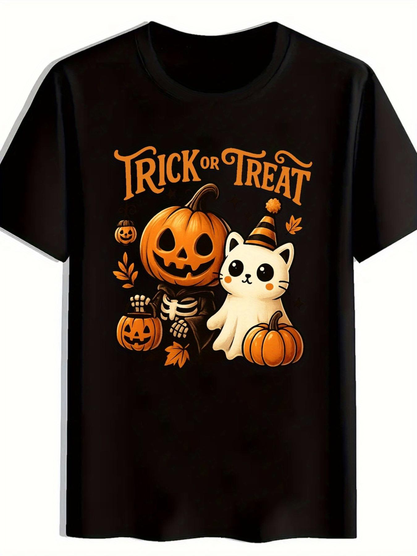 MenS Halloween Trick or Treat Graphic TShirt Black Casual Short Sleeve Tee with JackOLantern Cat Design S