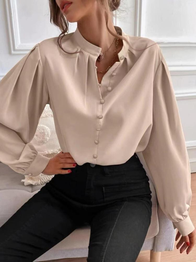 Button Up Elegant Women's Long Sleeve Solid Color Loose Fit Lapel Shirt