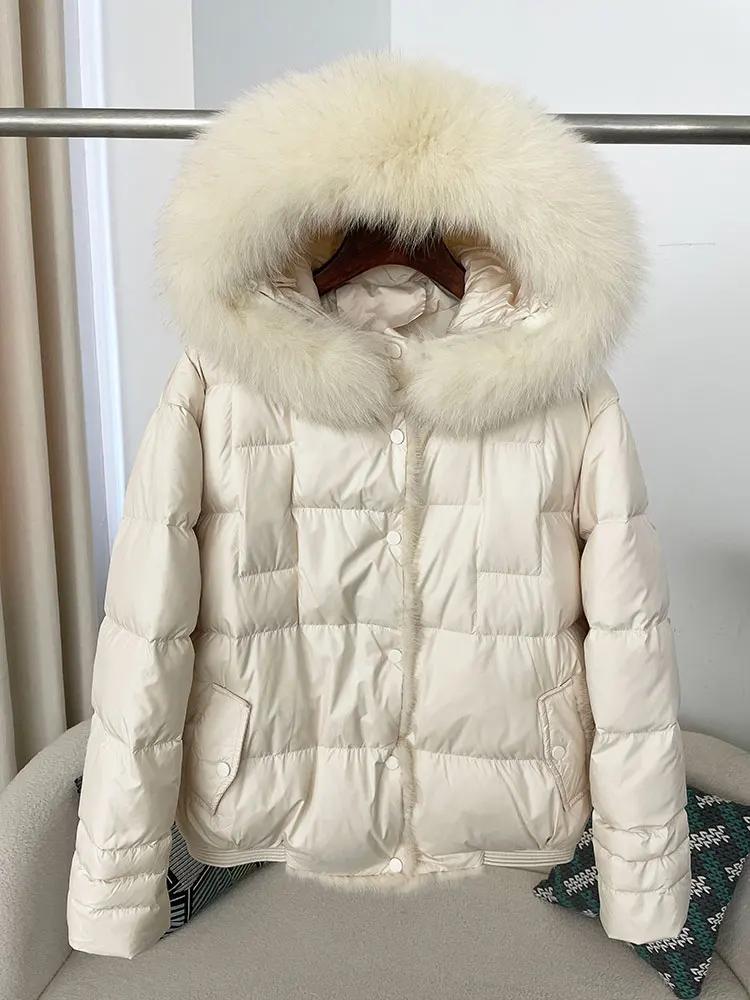 OFTBUY Winter Women Coat Real Natural Fox Fur Collar Thick Warm Jacket Casual White Duck Down Hooded New Outwears Streetwears