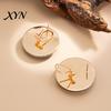 Natural Amber Color Earrings 1 Pair Stud for Women, Large Round Resin with Autumn Winter Matte Metal Edges, Exaggerated Geometric Daily Wear