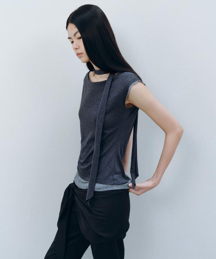 Kasel Layered Neck Strap T-Shirt, Charcoal