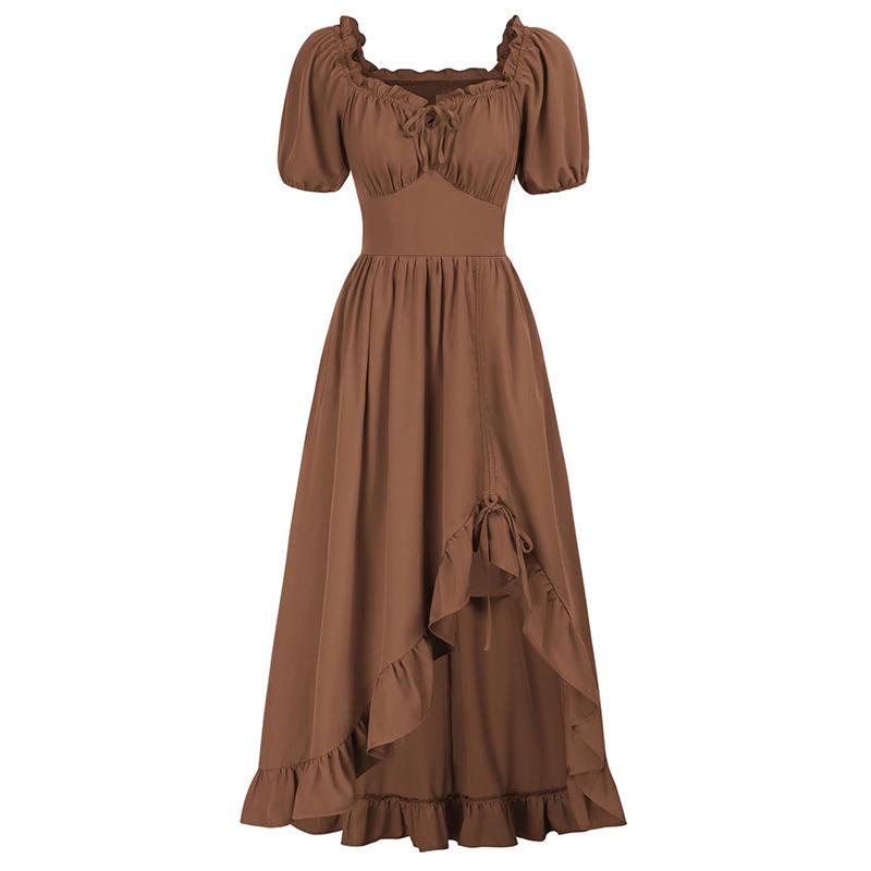 2024 Elegant Floral Square Neck Short Sleeve Waist-Cinching Irregular Dress for Women Medium