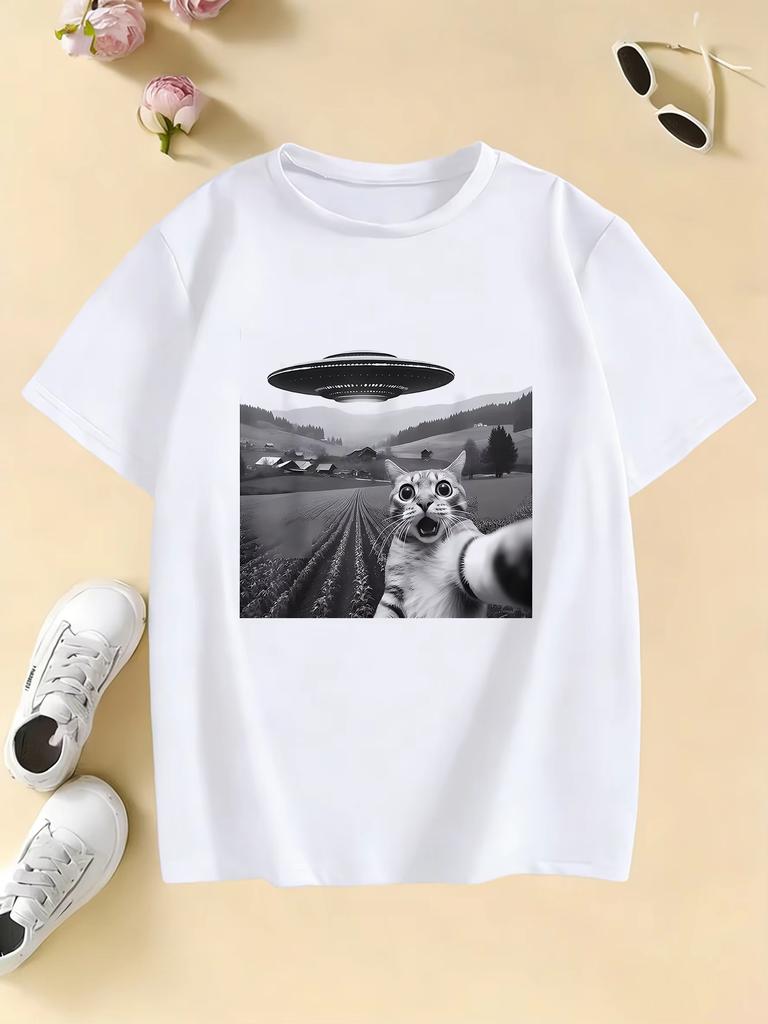 Funny Casual Ufo Cat Kawaii Design Print T Shirts Pure Cotton Unisex and Women Tshirt 2026 Summer Spring Casual Top Tee