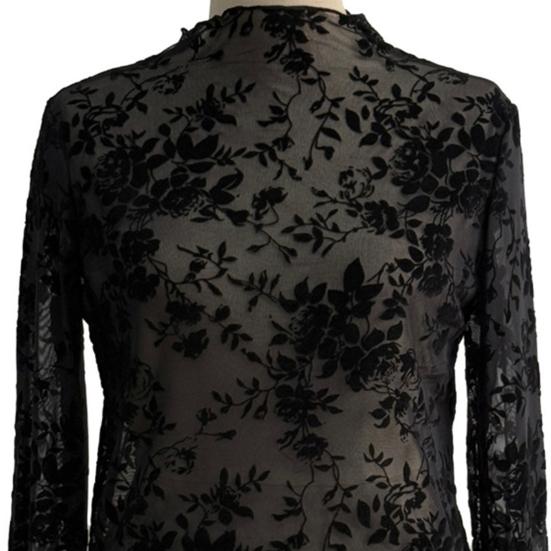 Women's Long Sleeve Mesh Top Mock Neck Floral Sheer See Through Shirt Sexy Party Club Night Going Out Blouse