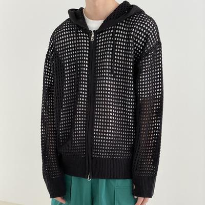 Men Fall Winter Jacket Hollow Out Hooded Long Sleeve Zipper Closure Solid Color Soft Hip Hop Cardigan Men Coat