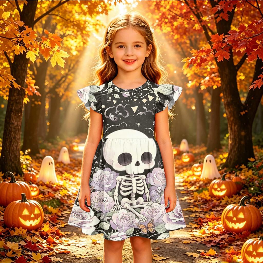 Kids Casual Halloween Printed Sleeve Dress for Party and Daily Wear