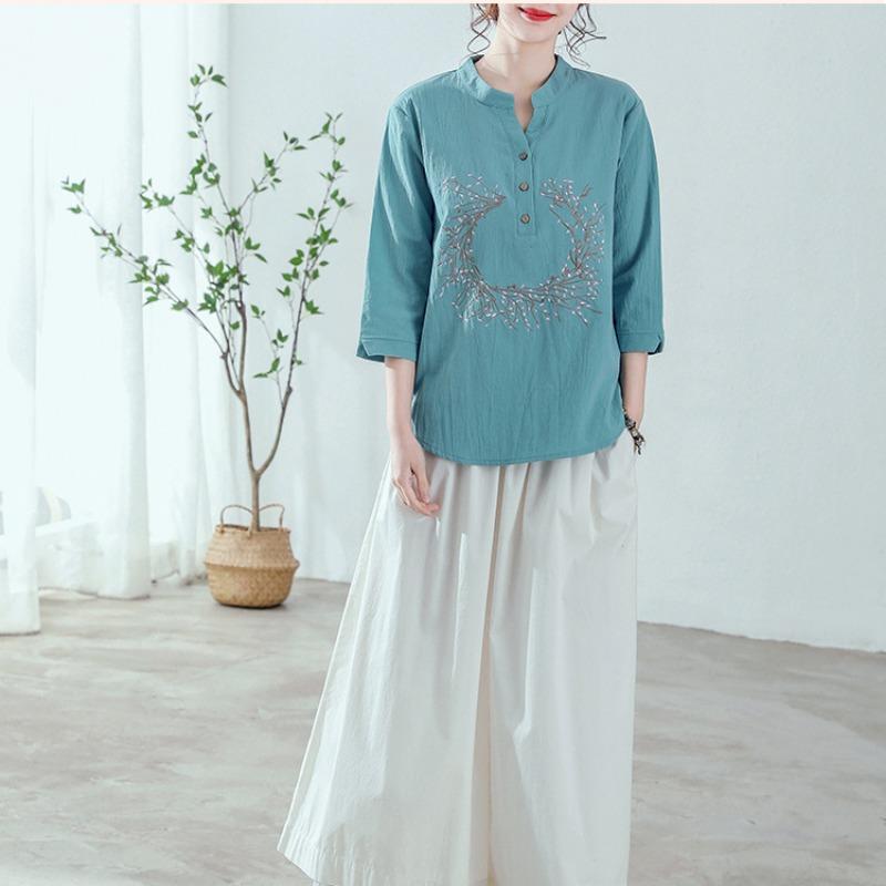 Cotton Linen Top for Summer Women's Loose Fitting Women's Clothing Slimming Linen T-shirt Chinese Style Belly Covering Blouses Shirts