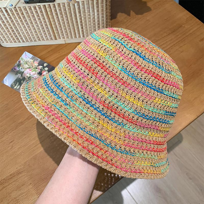 New Summer Big Brim Colorful Striped Straw Bucket Hat Women'S Vacation Foldable Sunshade Breathable Sun Cap Gorras