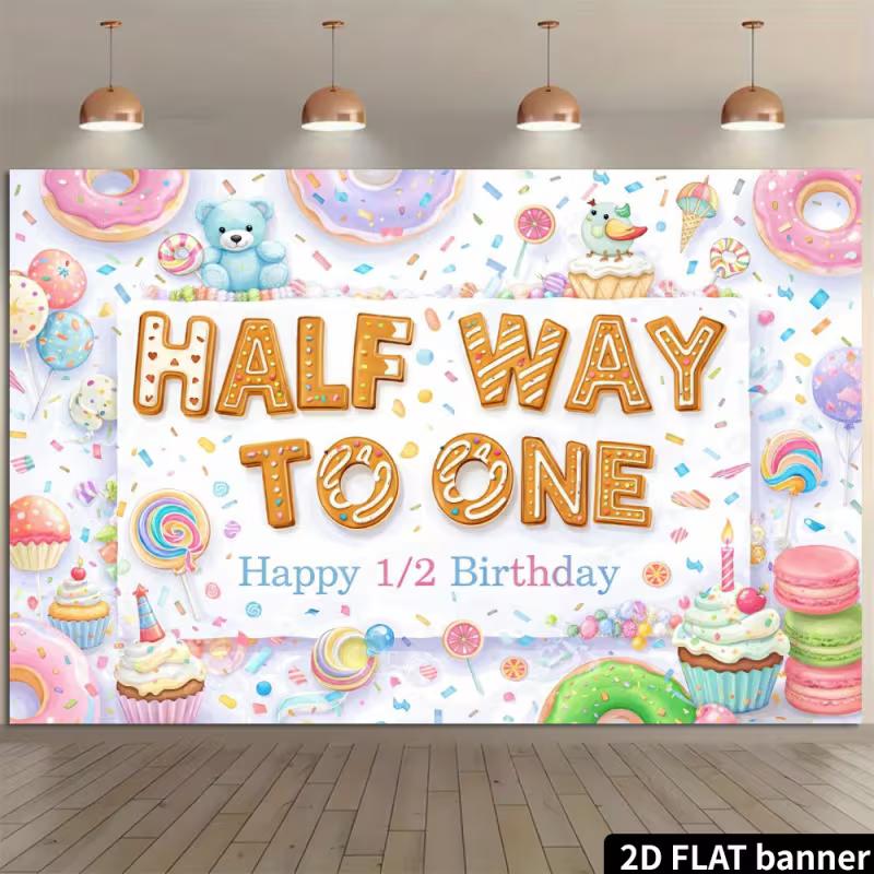 2D Half Way To One Birthday Backdrop, Sweet Candy Donut Photo Background