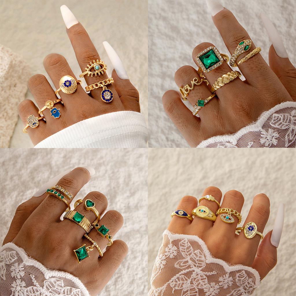 Fashion jewelry Vintage carved sun feather cross black gemstone ring multi-piece set set