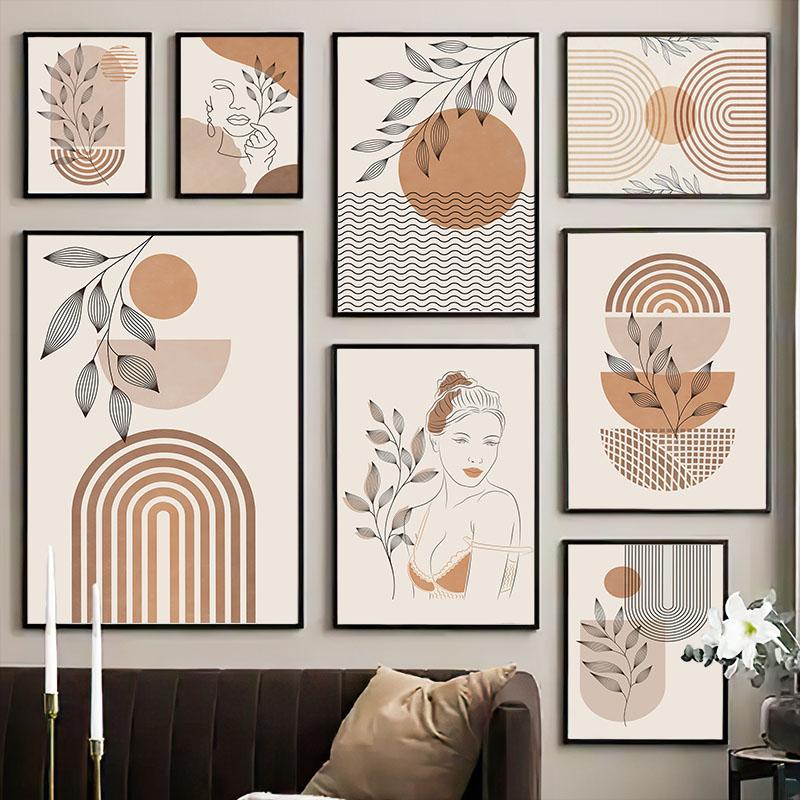 Creative Bohemian Beige Block Canvas Prints Abstract Nordic Minimalist Line Wall Art Poster for Living Room Bedroom & Home Decor