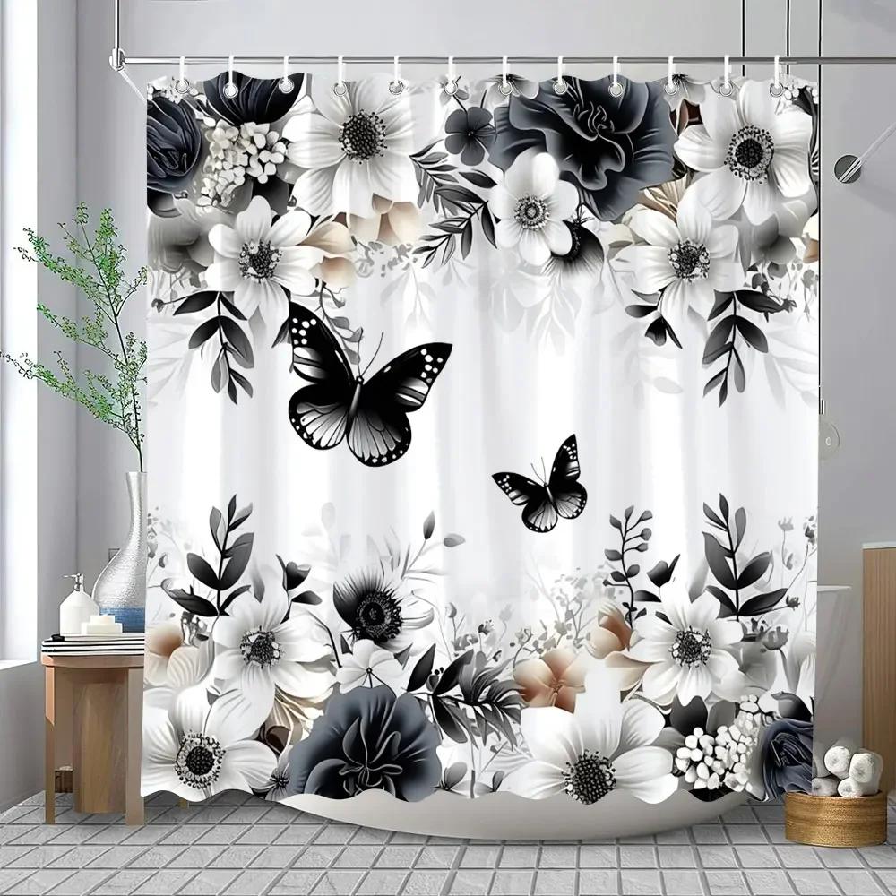 Květinová sprchová závěs Květinová látka Sprchové závěsy pro rustikální vintage koupelnový dekor Koupelnové závěsy Akvarelový šik Cosmos