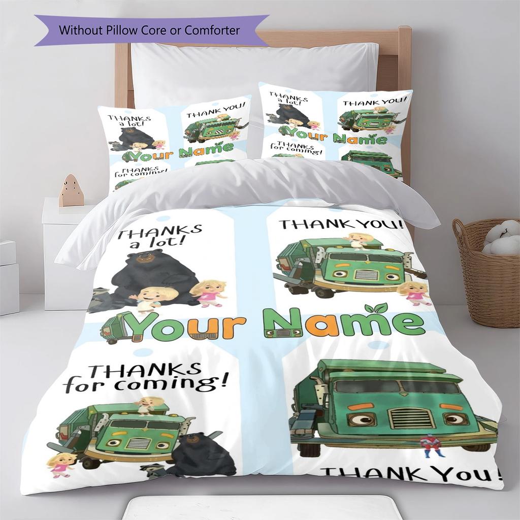 Müllwagen Abenteuer Individuelles Namensmuster Bettwäsche Steppdecke Set Bettbezug Kissenbezug Heim Geburtstagsgeschenk(1 Bettbezug + 2 Kissenbezüge, ohne Füllung)