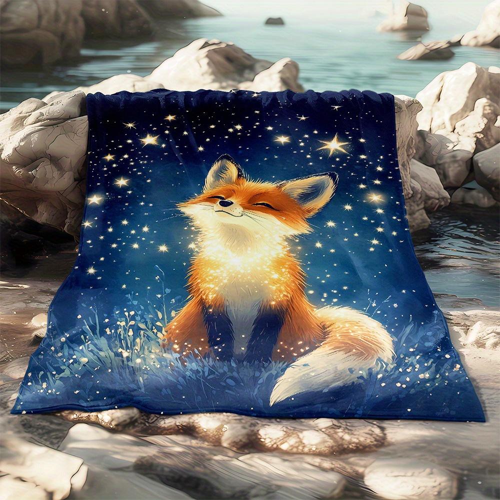 Fox Under the Stars Lightweight Flannel Throw Blanket - Polyester Fleece Blanket for Sofa, Bed, Travel, Camping, Living Room