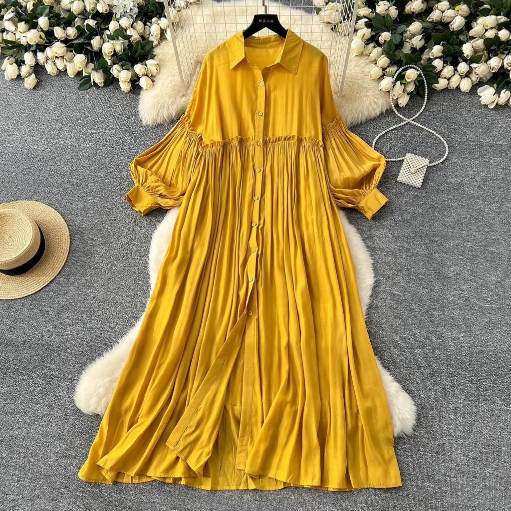 Women Spring Vintage Loose Dresses Women Lantern Sleeve Turn-down Collar Solid Single Breasted Casual Folds Long Dress