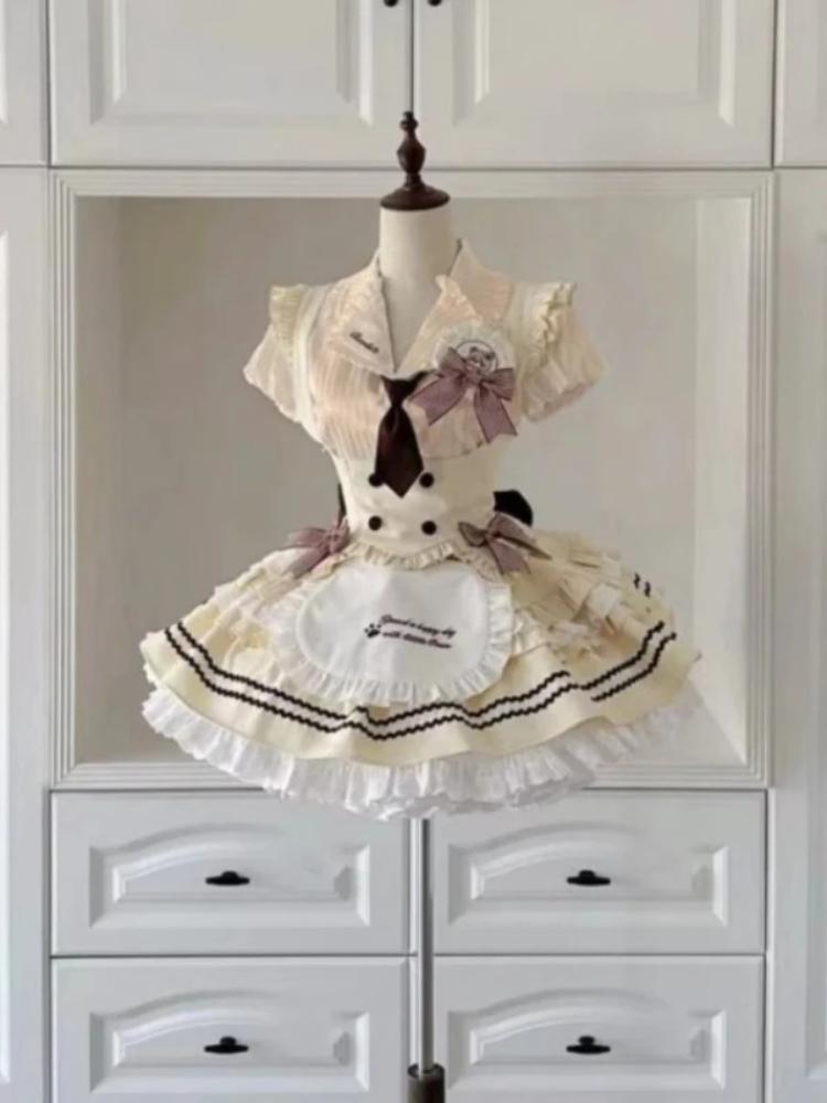 Set 3 Piese Femei Harajuku Sweet Lolita Design Dantelă Albă Top Corset Fustă Bufantă Retro Elegant Femeiesc Ținute Noi Șic Vară