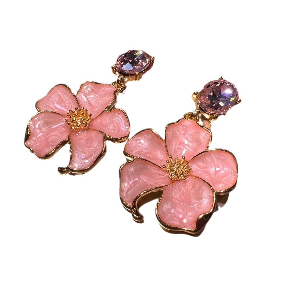 New Chinese Style Cloisonné Enamel Large Pink Flower Earrings In Elegant Gold-Plated Copper - European & American Statement Jewelry.