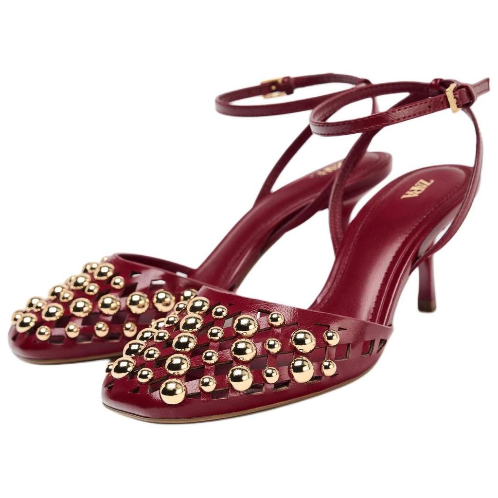 Zara Elegante Mode Nieten Offene Rückenpartie Runde Zehenpartie Pantoletten Damenabsätze Rot 12227510-38