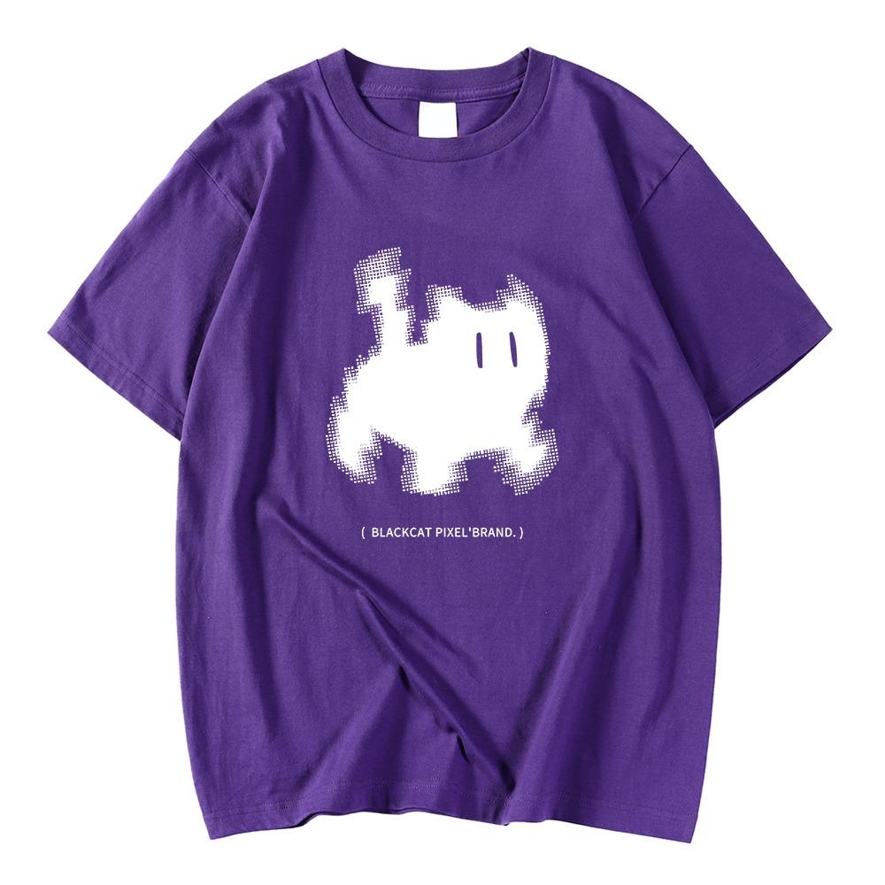 Koreanische Mode Damen T-Shirts Schwarze Katze Pixel Cartoons Druck Tops Bequem Weich O-Ausschnitt Locker Kurzarm Damenkleidung