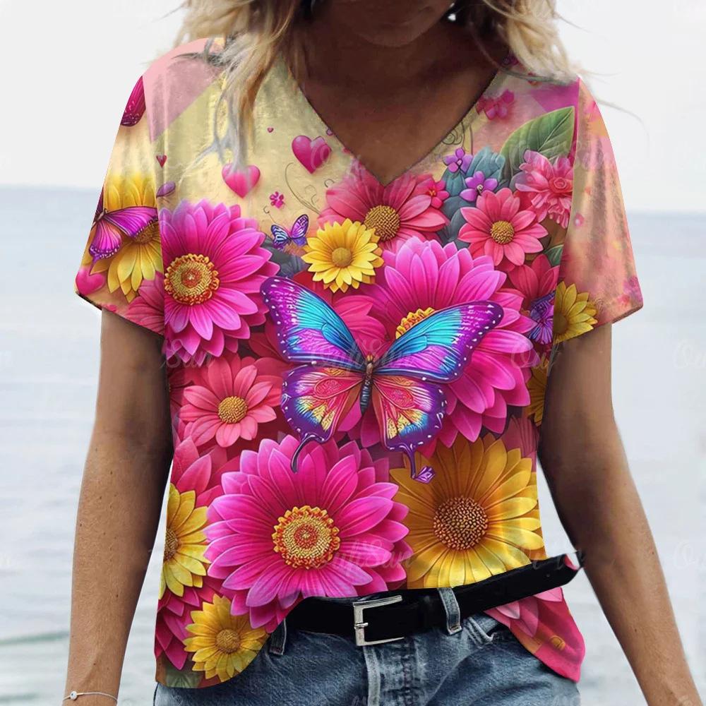 Summer Fashion Butterfly Flower T-Shirts 3D Print Women Short Sleeve V-Neck T Shirt Casual Top Y2k Harajuku Tees Female Clothing