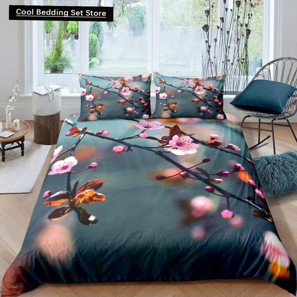 Rosa Kirschblüten King Queen Bettwäscheset Frühlingsflora Bettbezug Japanische Blumen Steppdeckenbezug Weicher Polyester Bettdeckenbezug