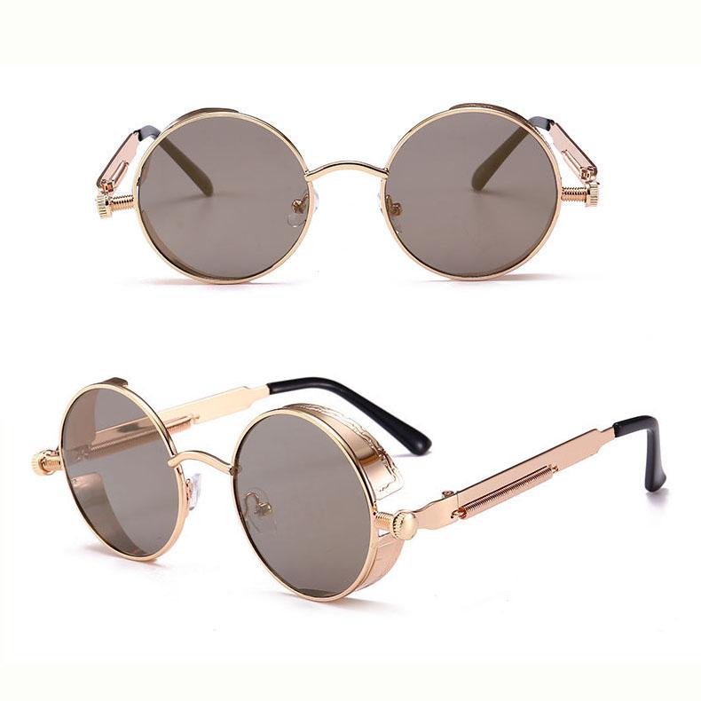FOENIXSONG Steampunk Round Sunglasses for Men Women Black Brown Retro Wrap Frame Mirror Lens Sun Glasses