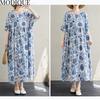 MODIQUE Sommer Übergröße Damen Locker Lässig Kurzarm Baumwolle Verlängerte Länge Druck Lange Kleider Weiblich Übergröße Kurzarm O-Ausschnitt Kleider Blau