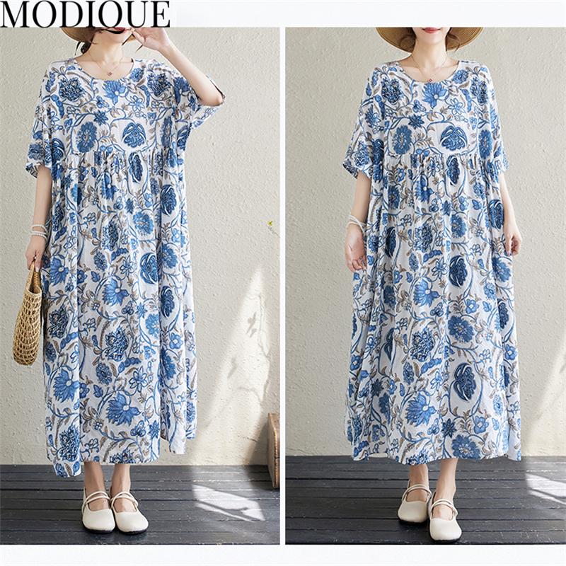 MODIQUE Sommer Übergröße Damen Locker Lässig Kurzarm Baumwolle Verlängerte Länge Druck Lange Kleider Weiblich Übergröße Kurzarm O-Ausschnitt Kleider Blau