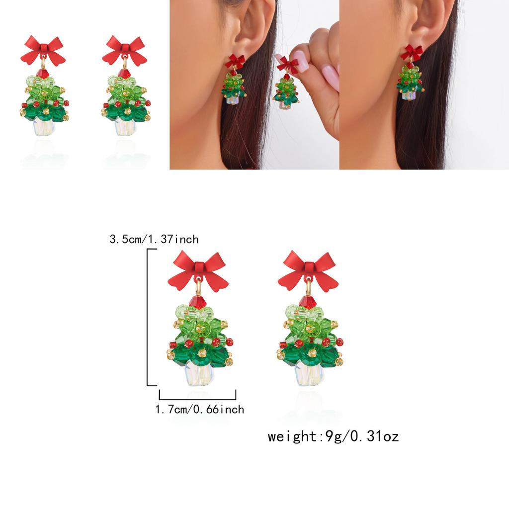 Festive Holiday Earrings Women Alloy Red Bow Christmas Tree Jewelry With Sparkle For Seasonal Wear