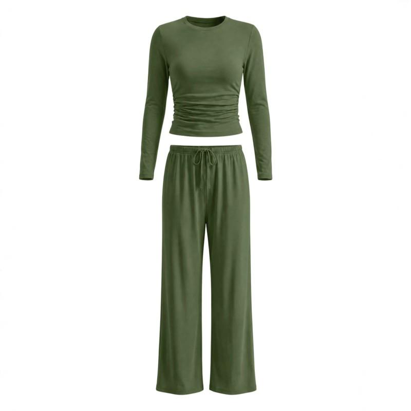 Womens Solid Color Casual Long Sleeve Top Pants Set Streetwear