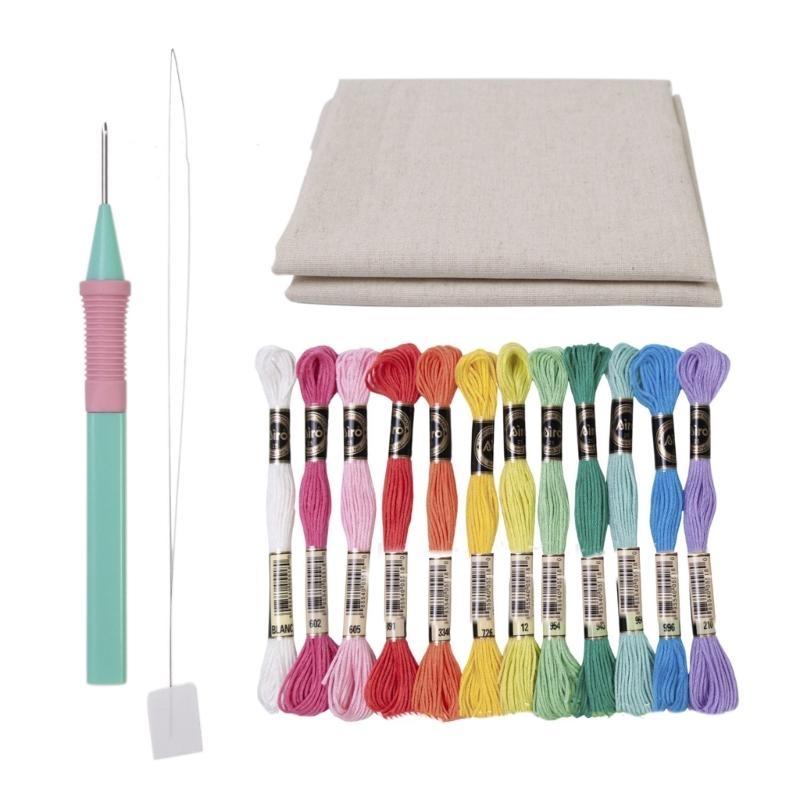 Beginner Punching Needle Embroidery Set Inlcudes 12 Color Yarn, Embroidery Cloth, Punching Needle Pen, Needle Threader