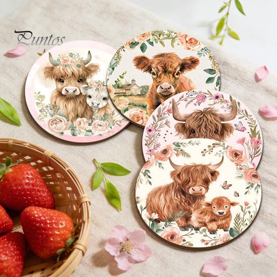 Healing Highland Calf Pattern Gifts Cow Cork Coasters, Cute Floral Farmhouse Drink Mats with Protective Furniture for Office Non-Slip Base,