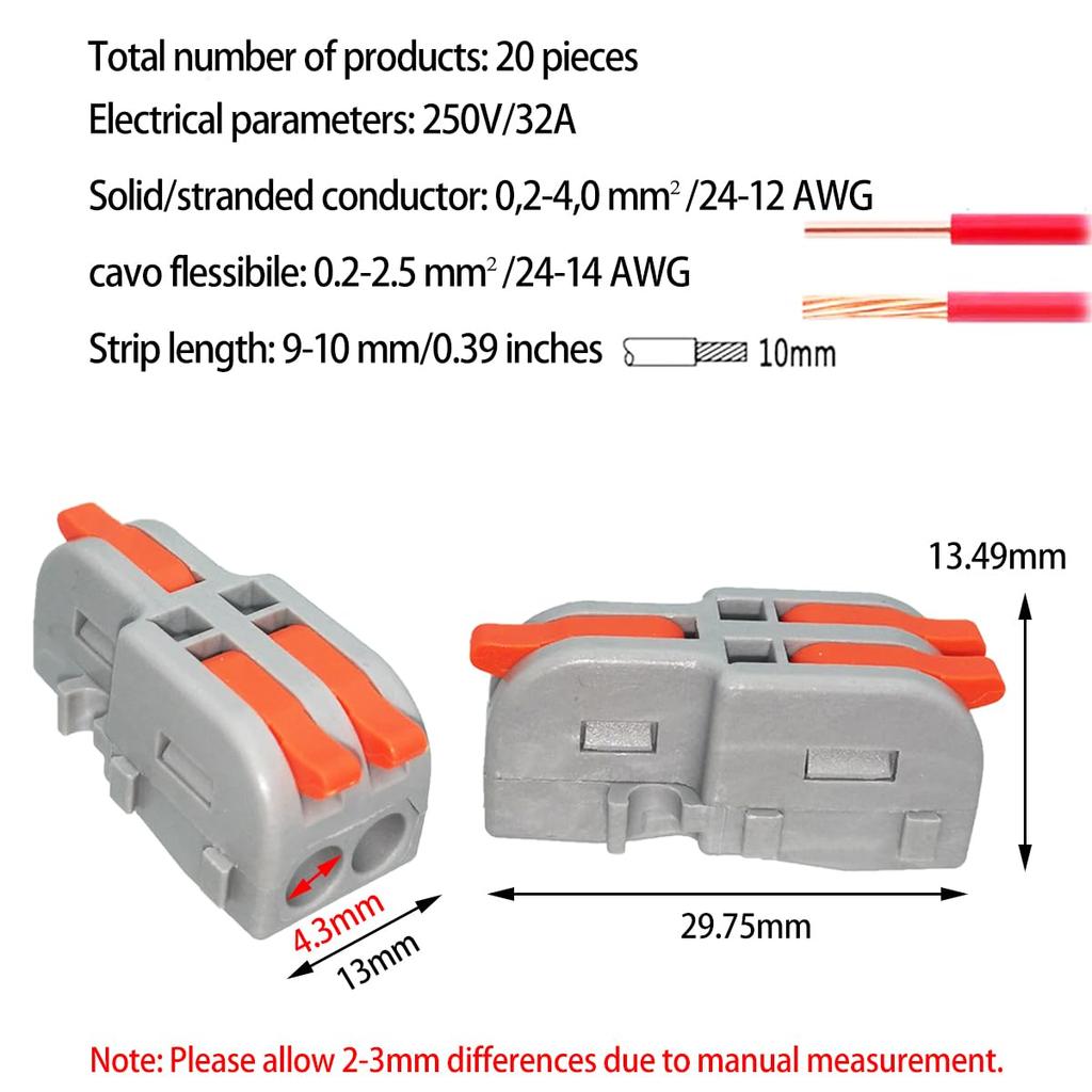 Push-in Connector, 1-in-2-out Compact Splice Connector with Fixing Screw, CESFONJER Electrical Wiring Connector, 20pcs One-Touch Connector, Terminal