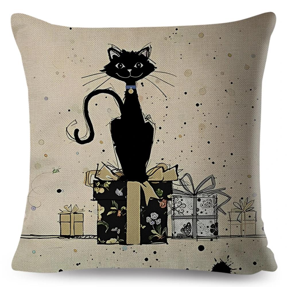 Cute Elegant Black Cat Cushion Cover Double Print Decor Cartoon Animal Pillow Case for Sofa Home Car Linen Throw Pillowcase