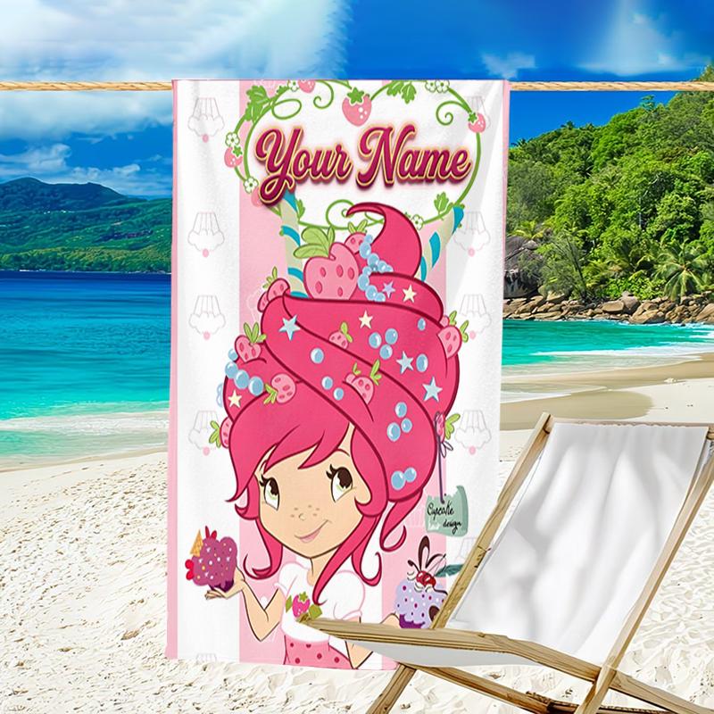 1pc Princess Strawberry Beach Towel with Custom Name, Beach and Seaside Swimming Pool Equipment, Fashion Pattern, Rectangular, Travel Essential