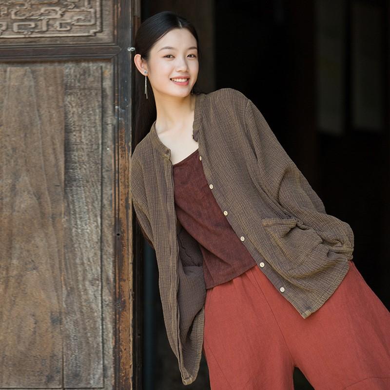 Johnature Women Vintage Shirts Solid Color Tops Autumn Button Long Sleeve O-Neck Pockets Women Shirts