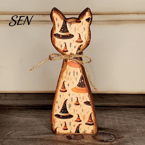 Festive Party Table Centerpieces Rustic Wooden Cat Ornament, Vintage Halloween/Flower Wood Tabletop Signs, Fall Home Decorations Distressed